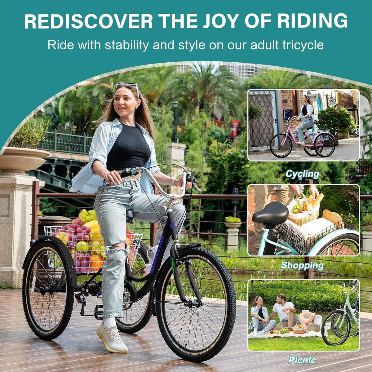 FICISOG 7 Speed Adult Tricycle for Women, 20/24/26 Inch Adult Trike with Basket, 3 Wheel Bikes for Adults Seniors, Cruise Trike for Shopping Picnic