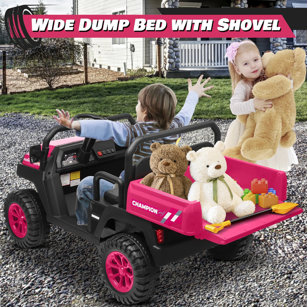 Joyracer 4WD 24 Volt Ride on Toys UTV with 2 Seater & Remote Control, Kids Electric Golf Cart w/ 4x200W Power Motors, Tiltable Trailer & Shovel, 4 Wheels Spring Suspension, Bluetooth USB Music, Black