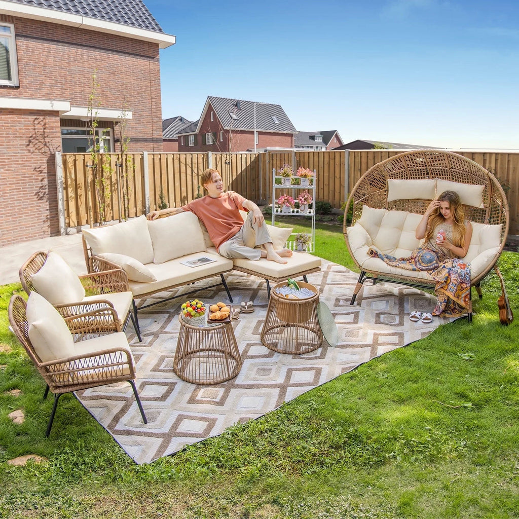 RADIATA 6-Piece Boho Patio Furniture Set, Outdoor Wicker Sectional Sofa Conversation Set with Ice Bucket & Coffee Table, 500lbs Capacity, Beige