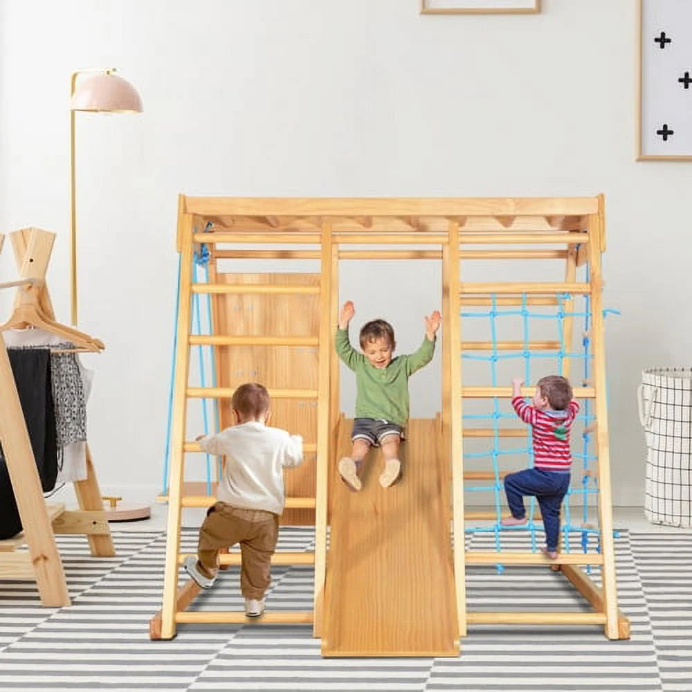 JOYMOR Indoor 7-in-1 Kids Climb Playset, Toddler Wooden Climber Gym Playground
