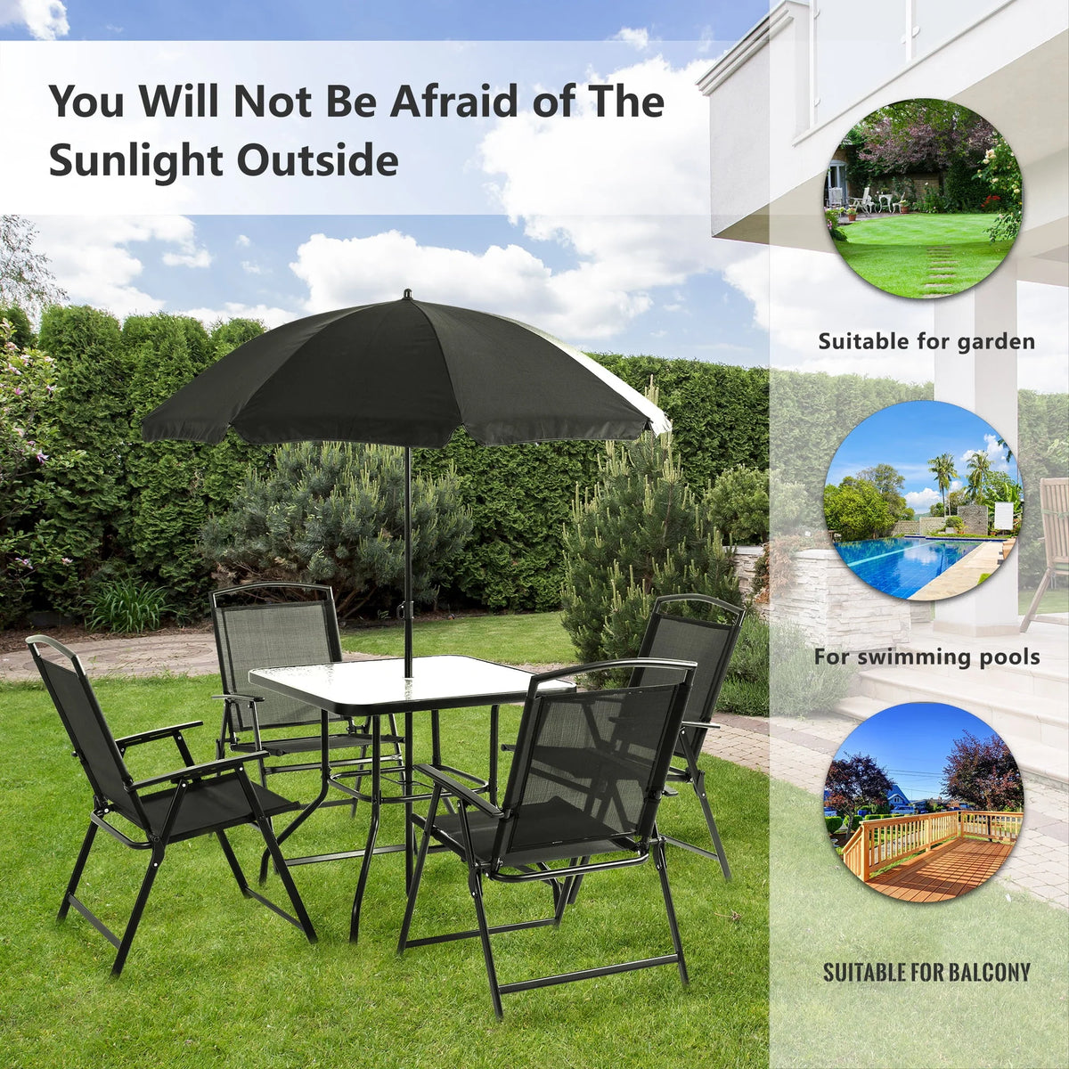Sobaniilo 6 Piece Folding Outdoor Dining Set for 4, Metal Patio Garden Patio Furniture Table and Chair Set with Umbrella, Black