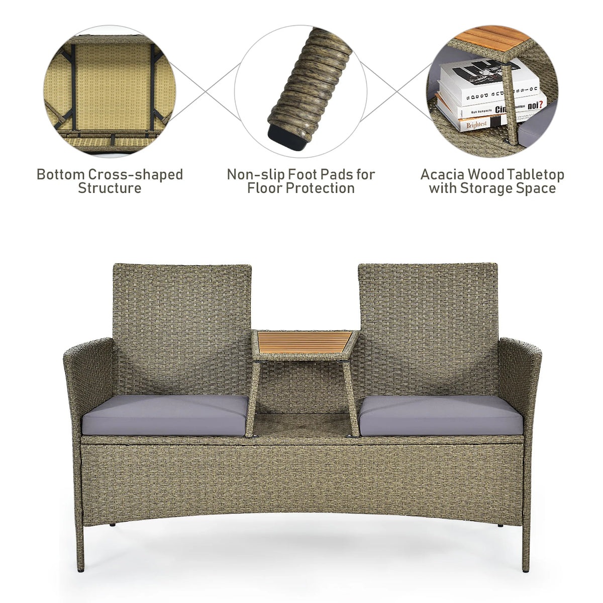Costway 2-Person Patio Rattan Conversation Furniture Set Loveseat Coffee Table