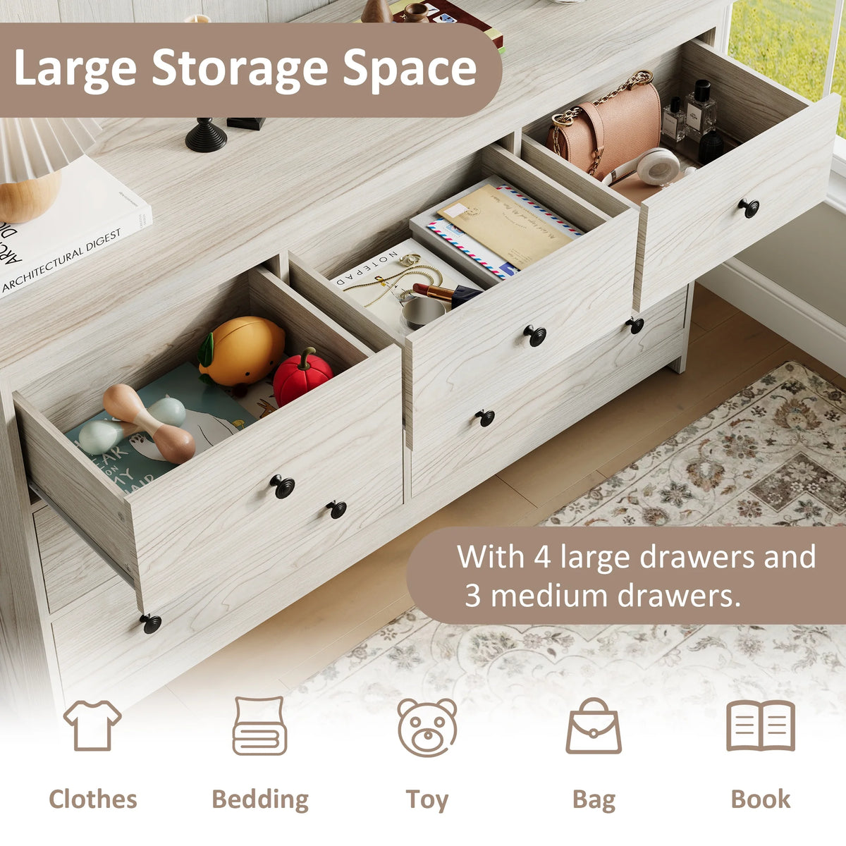 YouTrend 7 Drawer Dresser,White Dresser for Bedroom Drawer Organizer Storage Drawers,Wood Adult Storage Cabinet Living Room Hallway