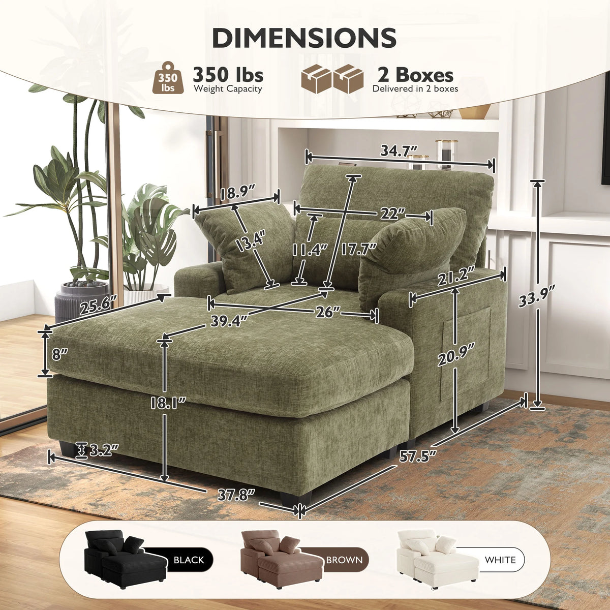 BedLuxury Oversized Accent Chair with Ottoman for Living Room,  Single Sleeper Sofa Armchair with 3 Pillows, Lounge Sofa Bed, Green