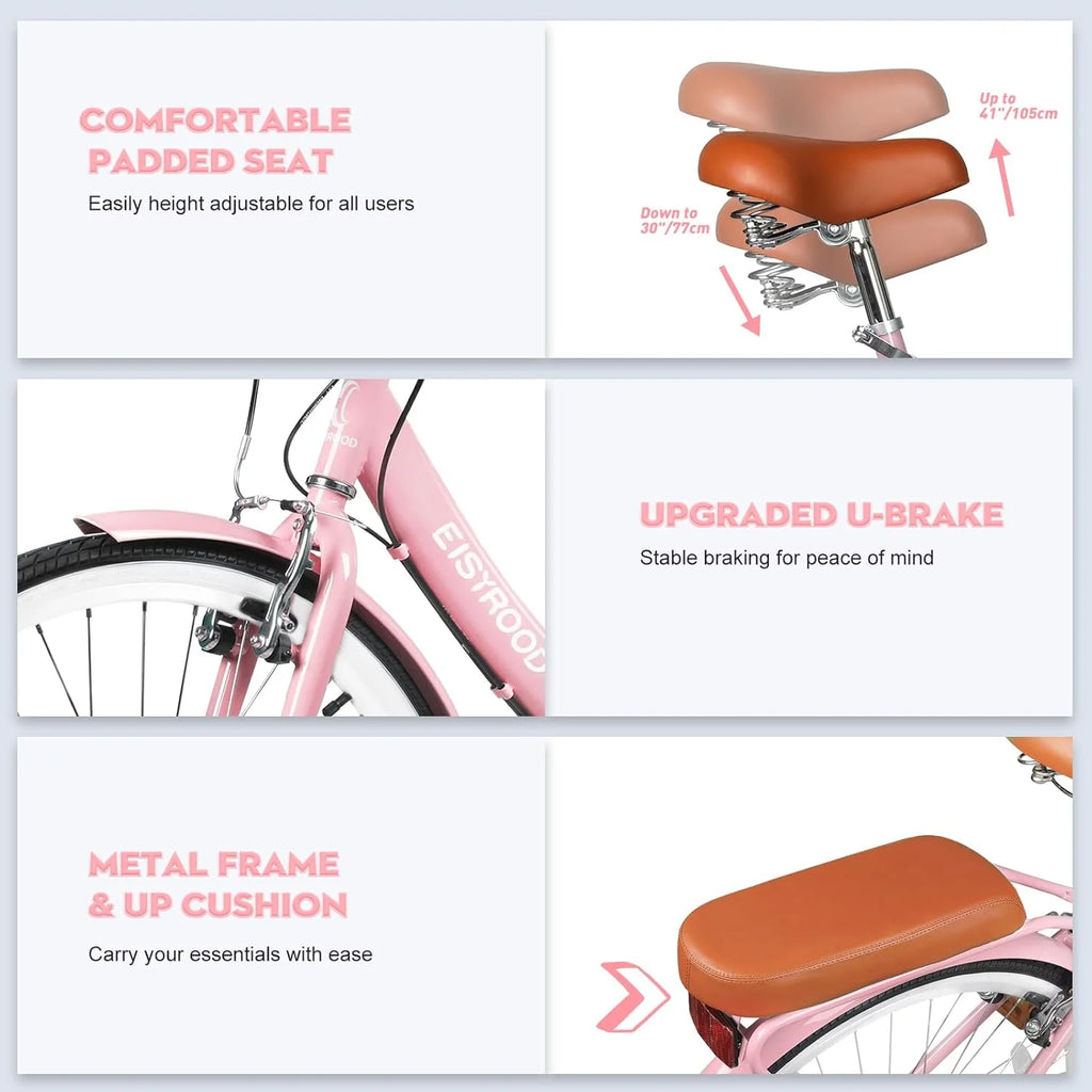 Gaonala 26 inch Womens 7-Speed Pink Cruiser bicycles a versatile family bike and womens beach bikes for urban commutes and leisure