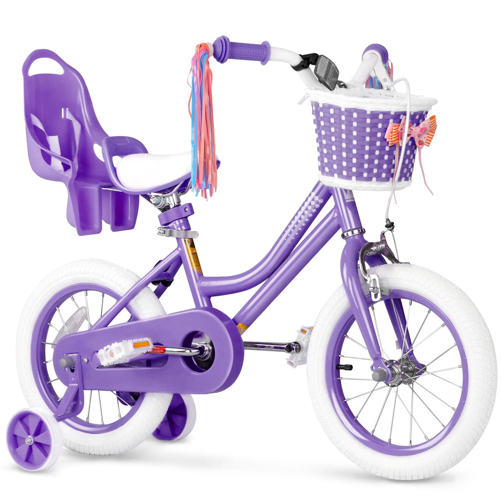 XJD Girls Bike for Toddlers 3-9 Years Old Kids, 14 Inch Kids Bike with Training Wheels, Streamers, Basket and Doll Seat, Children Bicycles with Handbrake