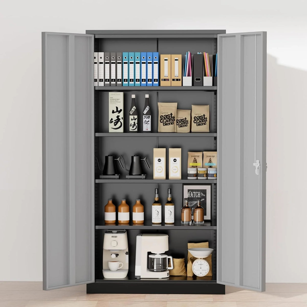SOLAURA 72 inches Tall Metal Garage Storage Cabinets, Lockable Steel Storage Cabinet with Doors and Adjustable Shelves for Office, Home, Shops, Garage, Assembly Required, Black