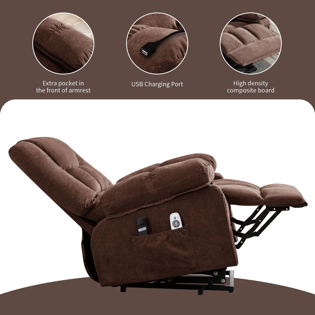 JONPONY Power Lift Recliner Chair Recliners for Elderly with Heat and Massage Recliner Chair for Living Room with Infinite Position and Side Pocket,USB Charge Port,Brown