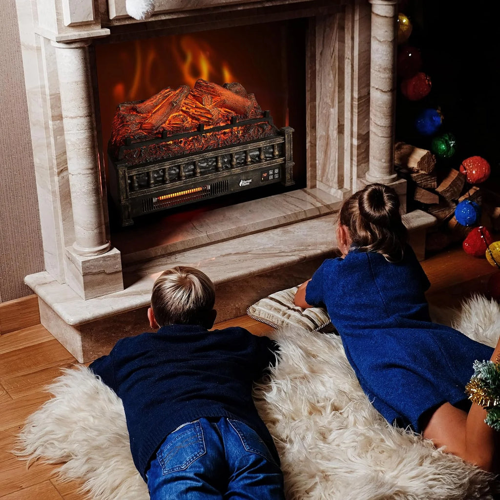 TURBRO Eternal Flame Infrared Electric Fireplace Logs, 23" Remote Control Fireplace Insert Log Heater, Realistic Lemonwood Ember Bed, Thermostat, Timer, 1500W Black