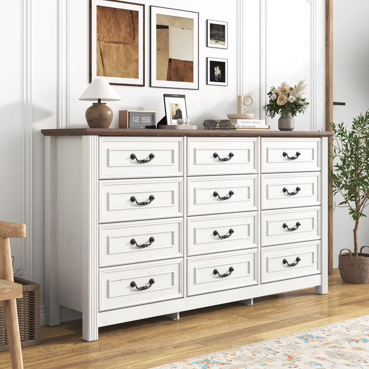 ChVans Farmhouse 12 Drawers Dresser for Bedroom, 63'' Wide Wood Rustic Chest of Drawers with Natural Texture, Vintage Design, Large Storage Dressers Organizer for Living Room, Hallway