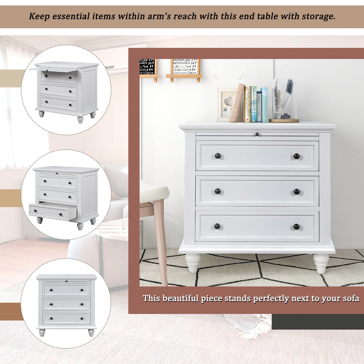 EUROCO 28 Larger Solid Wood 3-Drawer Side Table Nightstand, End Table with Pull out Tray for Bedroom, Living Room, Hallway, Entryway,White