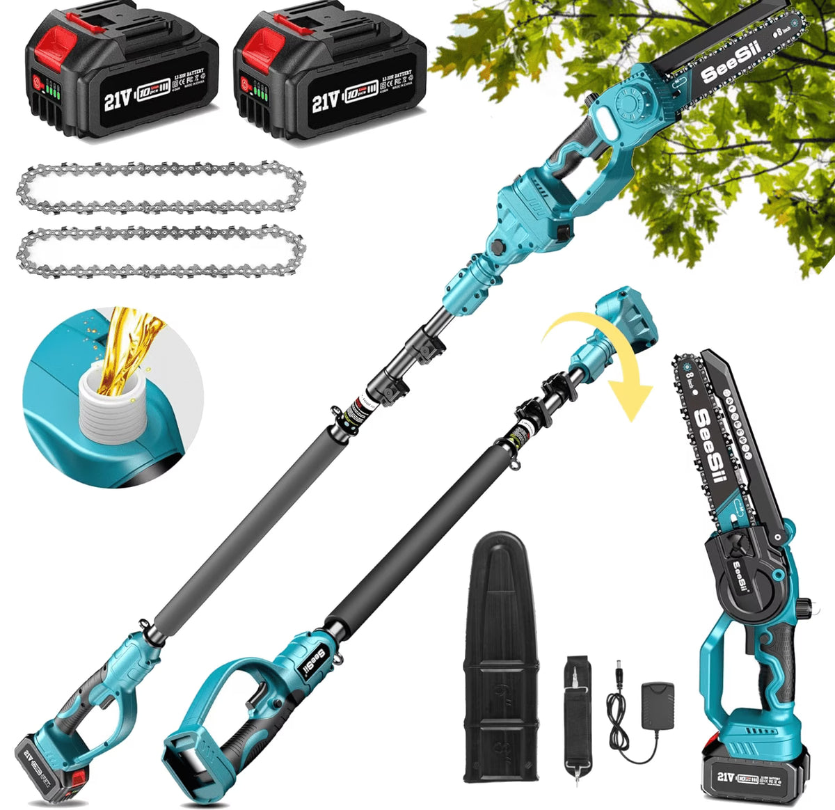 Seesii 2-in-1 Cordless Pole Saw, 8 Inch Brushless Mini Chainsaw with Extension Pole, 16ft Max Pole Saws with 2x 21V Batteries for Tree Trimming, Branches Pruning, Wood Cutting