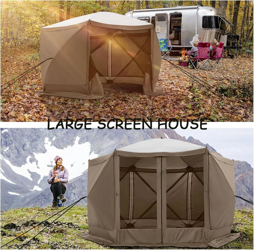 COBIZI 12x12 Pop Up Canopy Gazebo, Outdoor Canopy Tent Screen House with 5 sidewalls and Netting for Camping, Waterproof, UV Resistant, Ez Set-up Party Tent with Carrying Bag and Ground Stakes,Brown