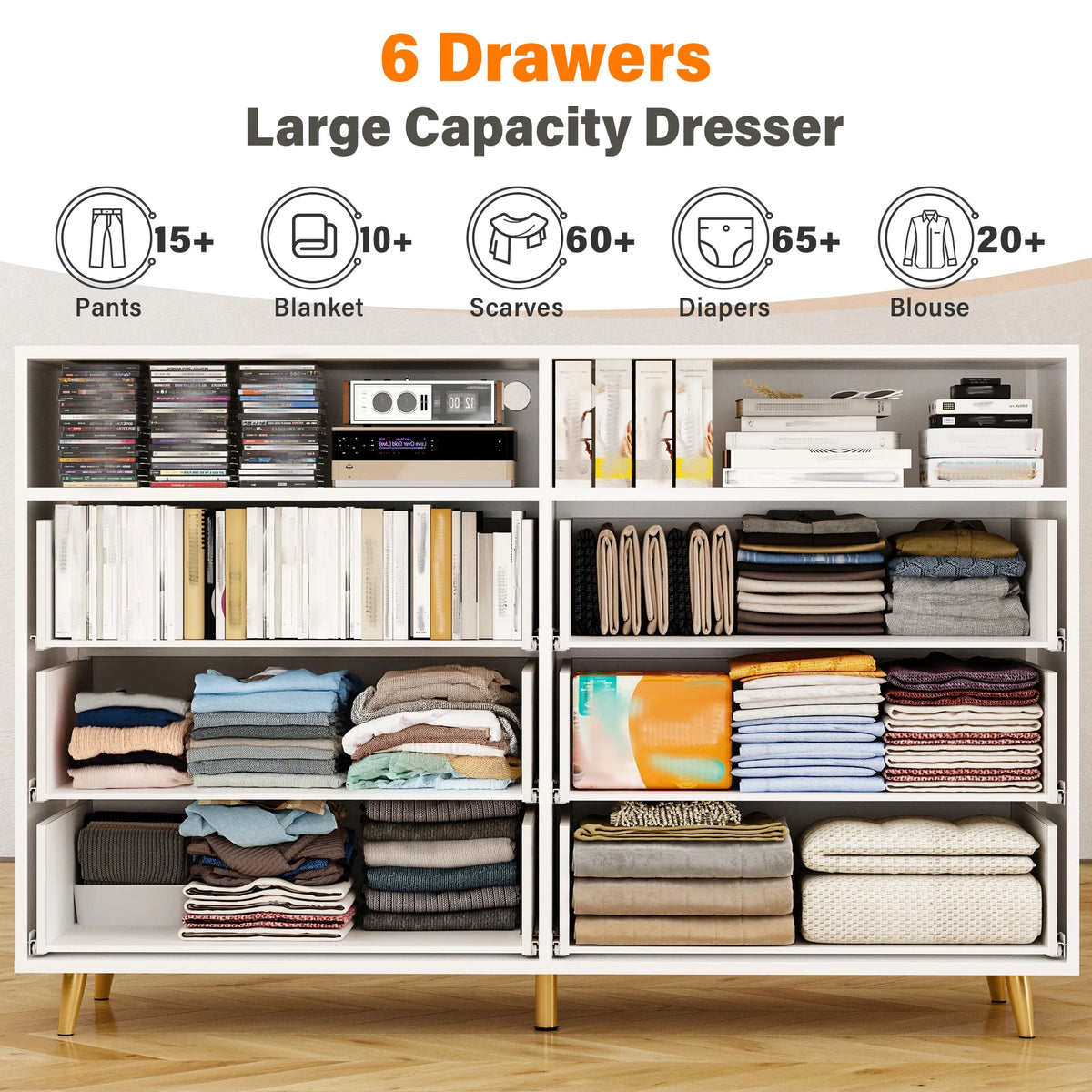 EnHomee Dresser with LED Lights Drawer Dresser with 6 Deep Drawers Wood Dresser for Bedroom TV Stand Dressers & Chests of Drawers Wide Led Dressers,Black