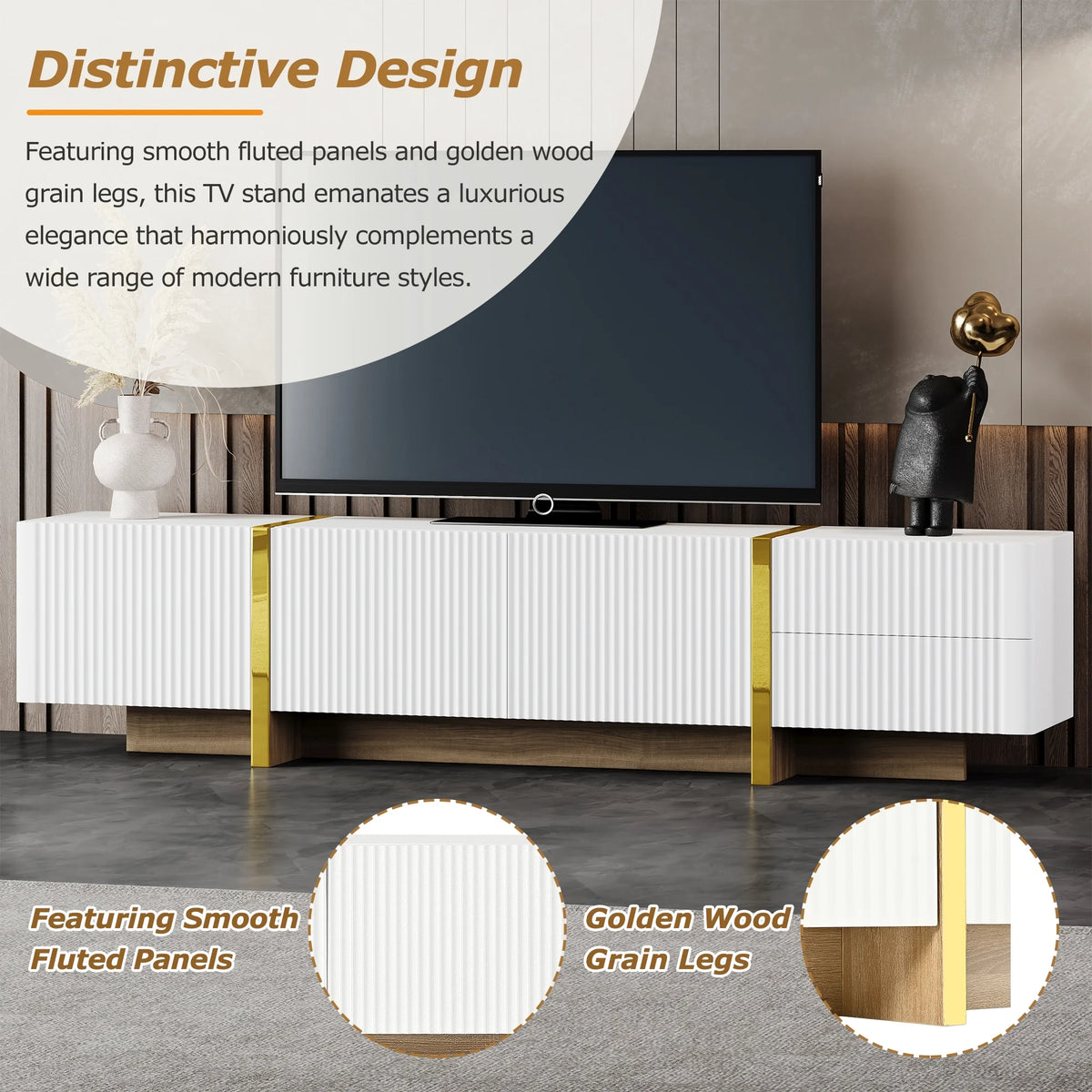 Luxury Fluted TV Stand for TVs Up to 80'', Modern Entertainment Center with Storage Cabinets & Drawers, Smooth Media Console with lden Wood Grain Legs for Living Room, White