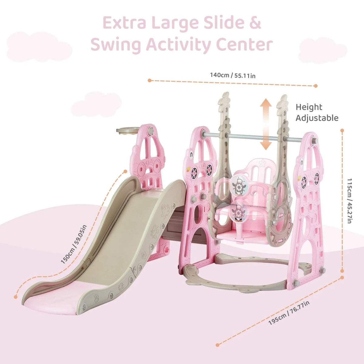 DUKE BABY 4-in-1 Kids Swing and Slide Set for Toddler Age 1-6, Extra Large Baby Indoor Outdoor Activity Playground with Basketball Hoop and Climber Pink