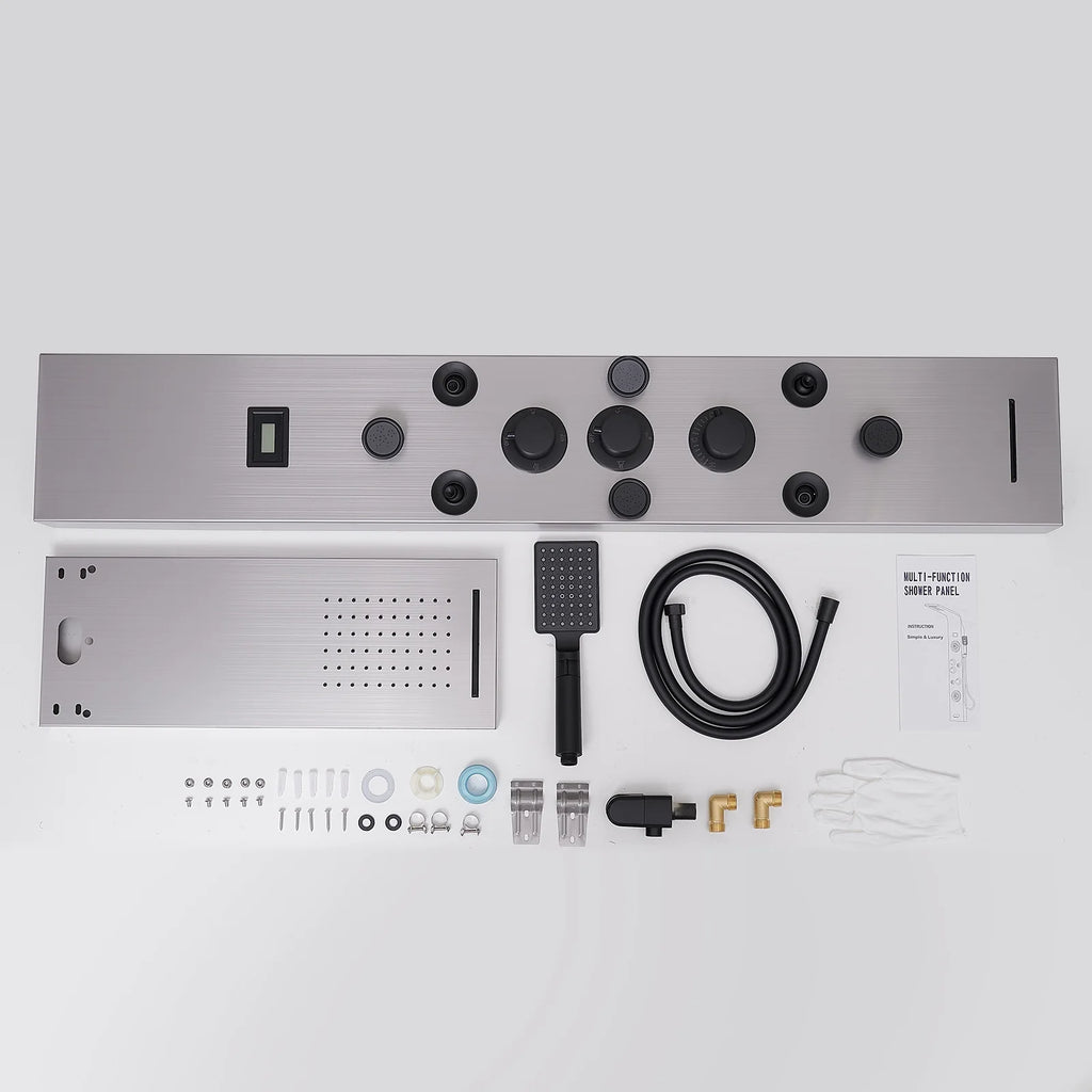 8-Jet Rainfall Shower Panel System with Rainfall Waterfall Shower Head and Shower Wand in chrome Nickel