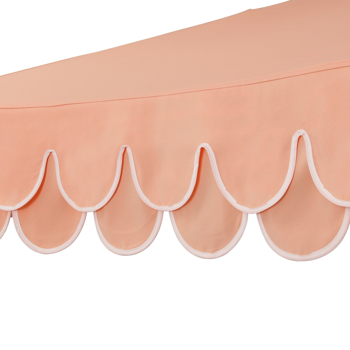 JONATHAN Y Tracy 9 ft. Market Patio Umbrella, Classic Mid-Century Scalloped Fringe, with Auto-Tilt Crank, Wind Vent and UV Protection, Coral Pink/White, Dark Brown Pole
