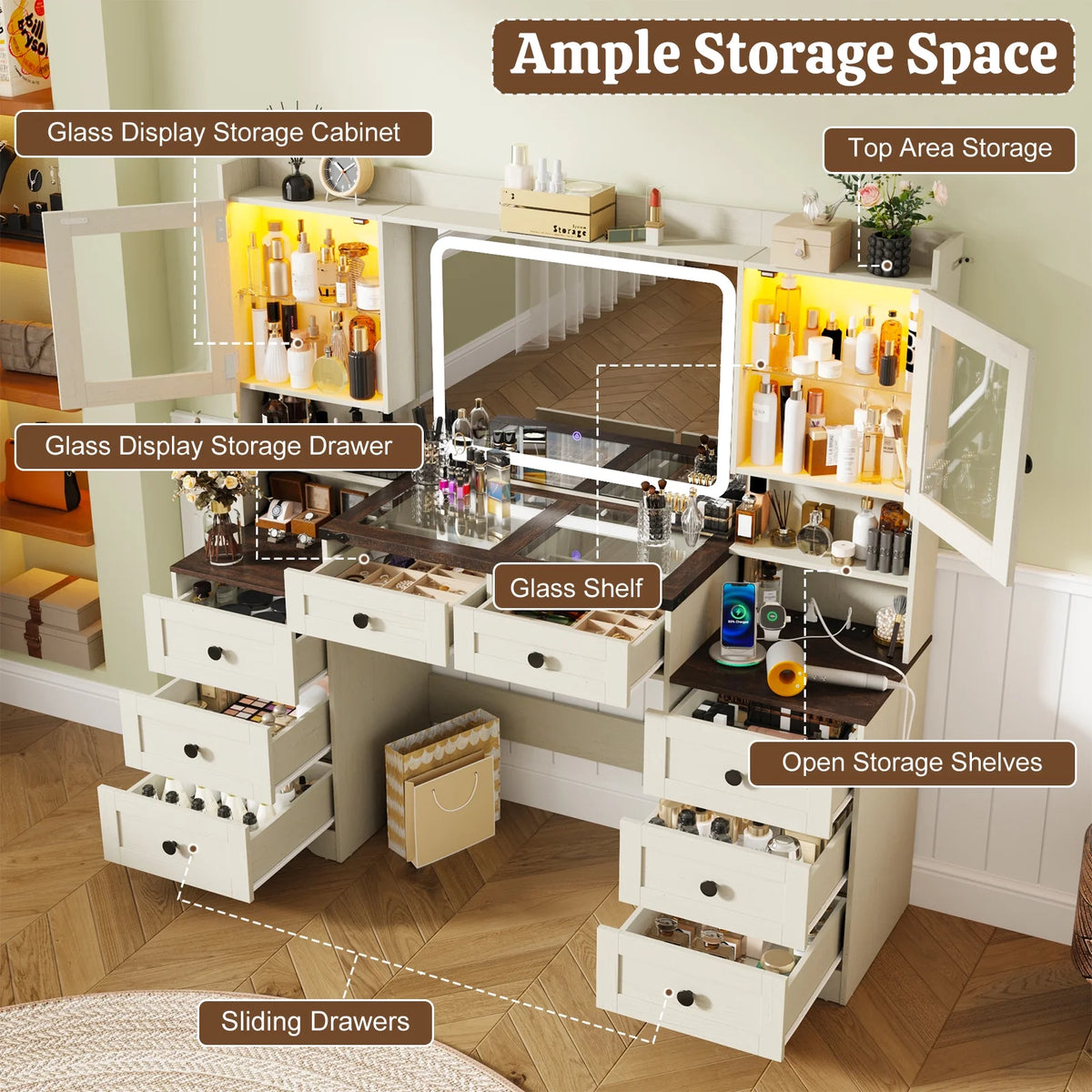 ANPOO 60" Farmhouse Vanity Desk with Outlet, Mirror Lights, Tempered Glass Top, Big Makeup Vanity Table with 2 RGB Glass Cabinets, 60000-color LED Lights, Wood Makeup Desk for Women, Girls, Brown