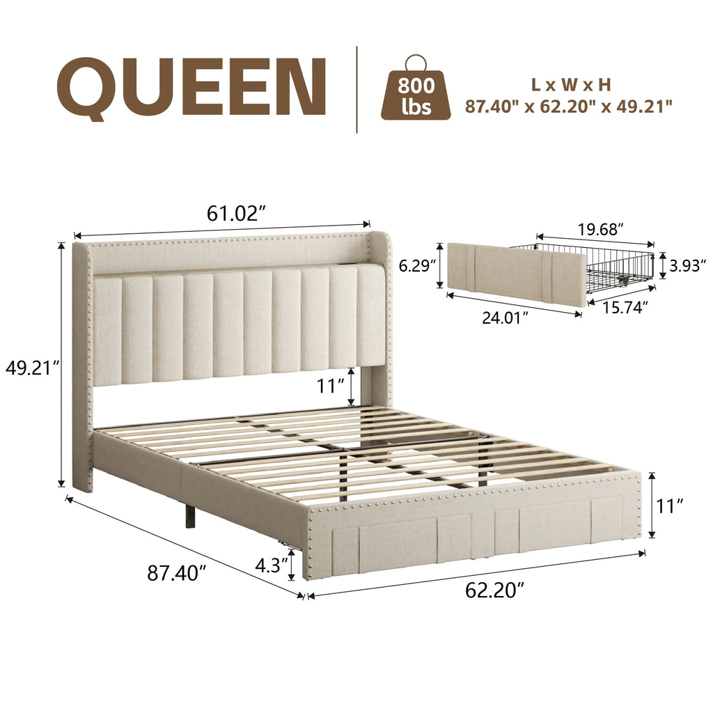 Lijimei Queen Bed Frame With Headboard And Storage, Platform Bed Frame Full Size With 2 Drawers, Upholstered Full Size Bed Frame With Storage, Built-in Charging Station, Beige