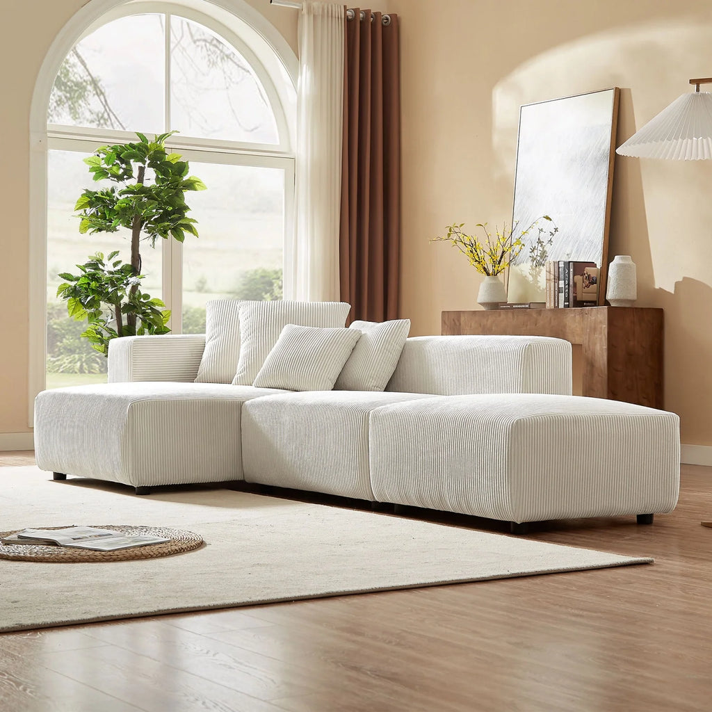 Newboti Furniture Soft Corduroy Sectional Modular Sofa Set, Small L-Shaped Chaise Couch for Living Room, Apartment, Office, Beige 25673