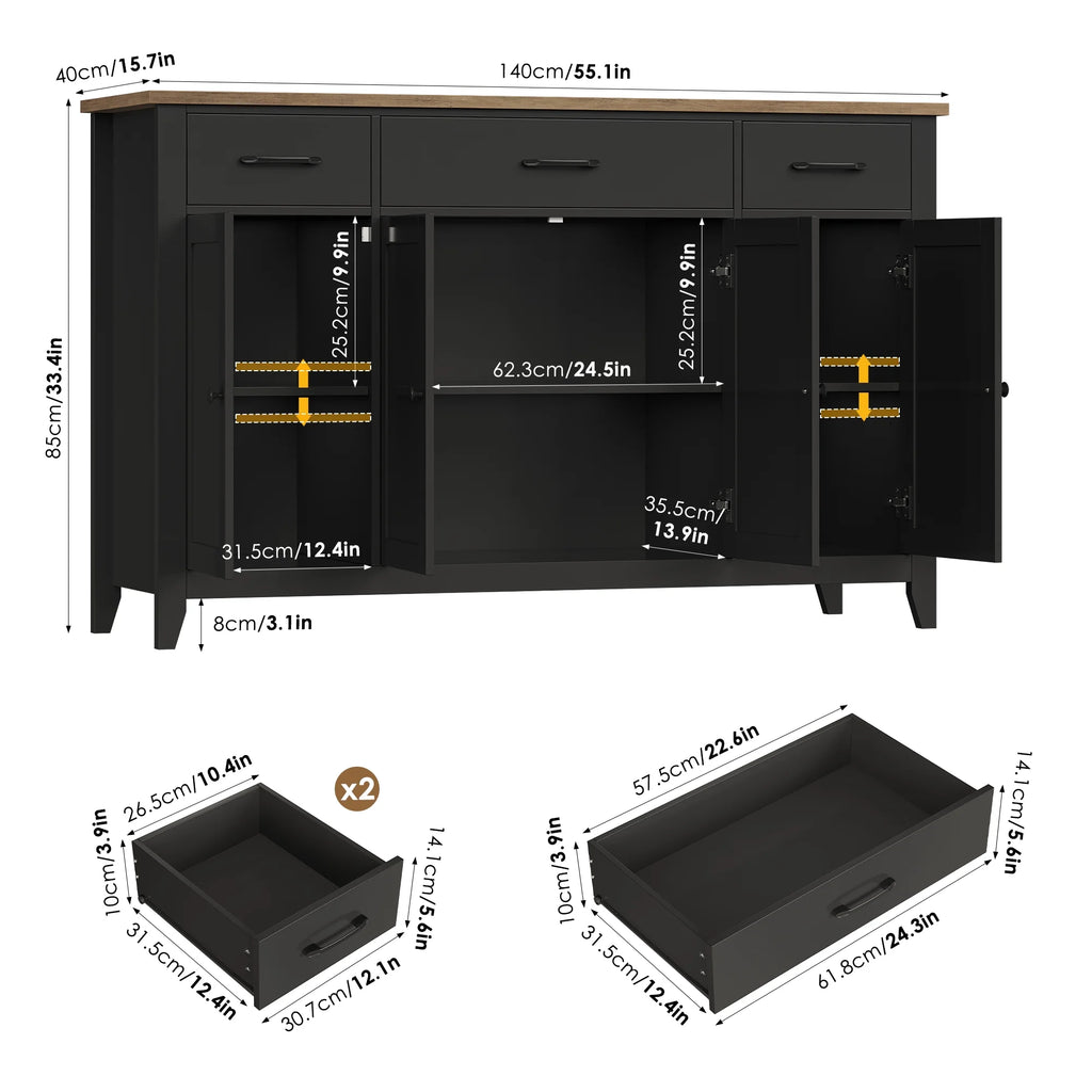 Hiphuta 55"Wide Buffet Cabinet with 2 Adjustable Shelves, Modern Farmhouse Coffee Bar with 3 Drawers and Sturdy Base for Living Room, White