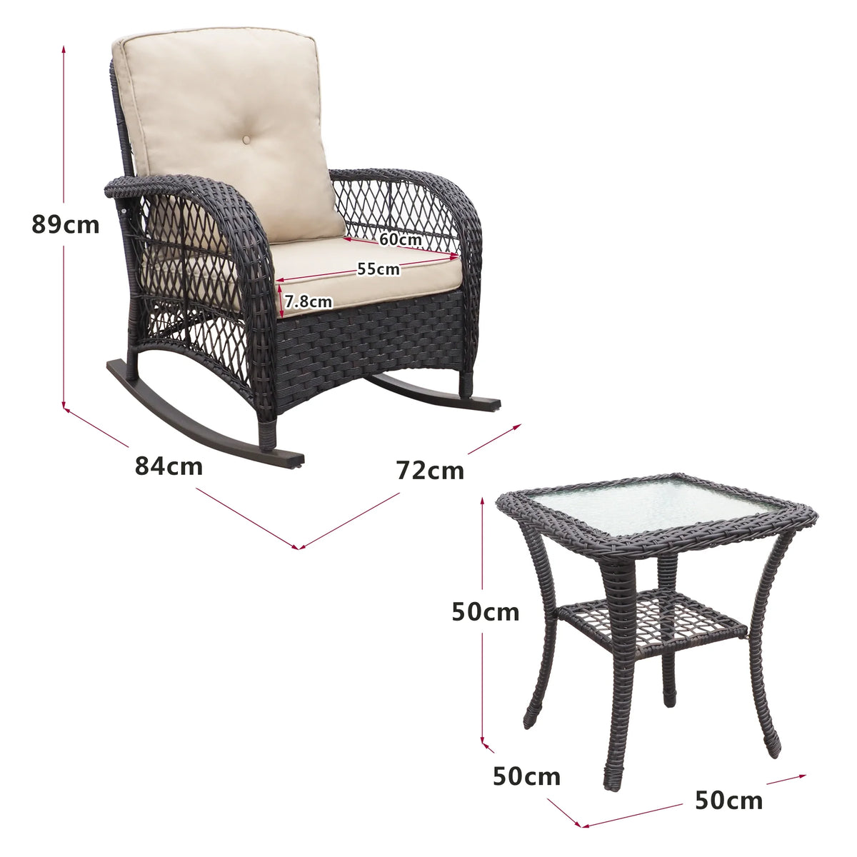 JP Outdoor 3Pcs Outdoor Wicker Rocking Porch Chairs with Coffee Table,Kahki