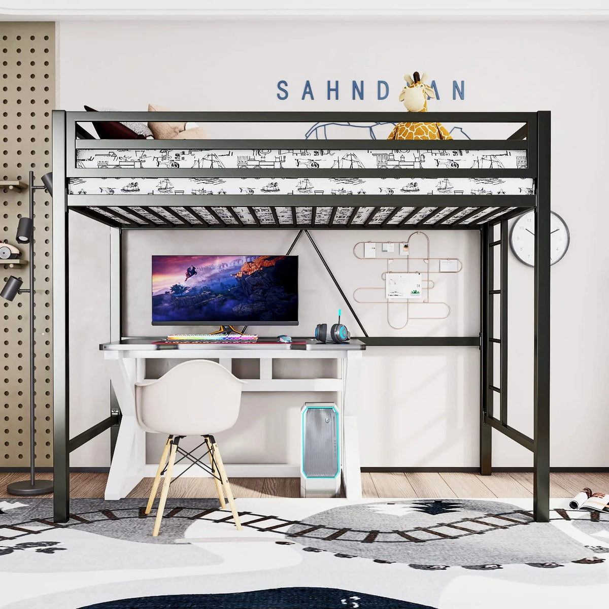 Einfach Metal Twin Size Loft Bed with Removable Ladder & Full-Length Guardrail, White
