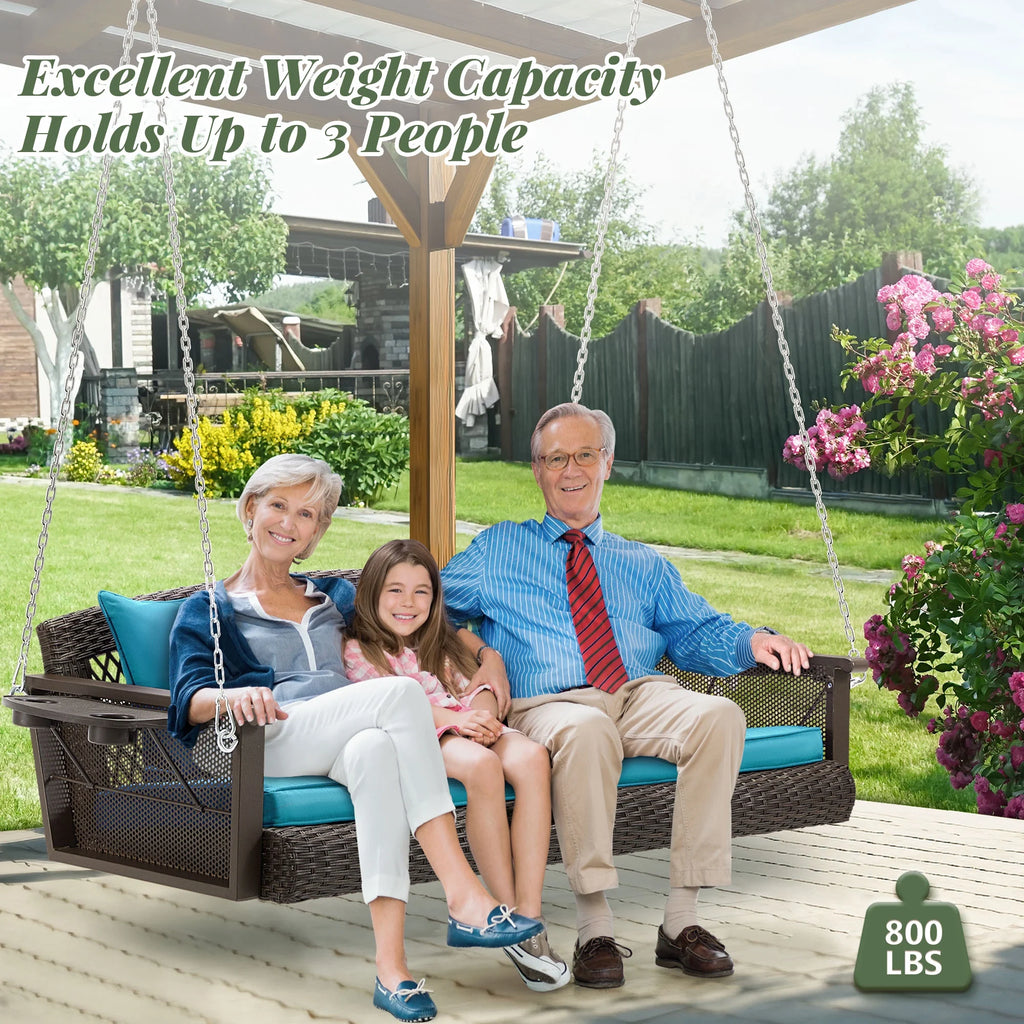 Homrest 3-Person Porch Swing 55in Wicker Hanging Swing Bench with Cushions and Cupholders for Deck, Garden and Backyard, Beige