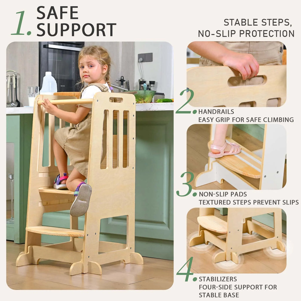 Toddler Standing Tower, Kids Kitchen Stool Helper 3 Levels Adjustable Height Wooden Toddler Step Stools for Learning New Skills