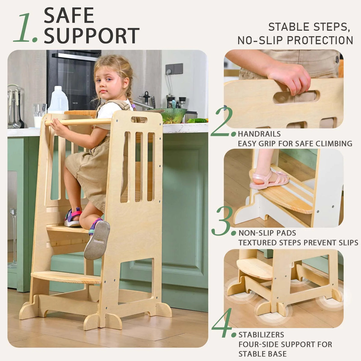 Toddler Standing Tower, Kids Kitchen Stool Helper 3 Levels Adjustable Height Wooden Toddler Step Stools for Learning New Skills