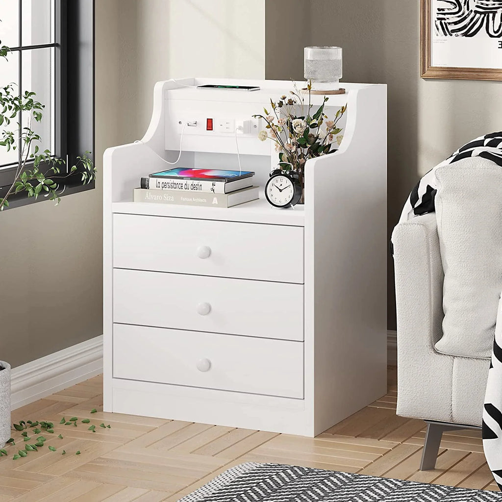 ADORNEVE Nightstand with Charging Station and 3 Storage Drawers, White