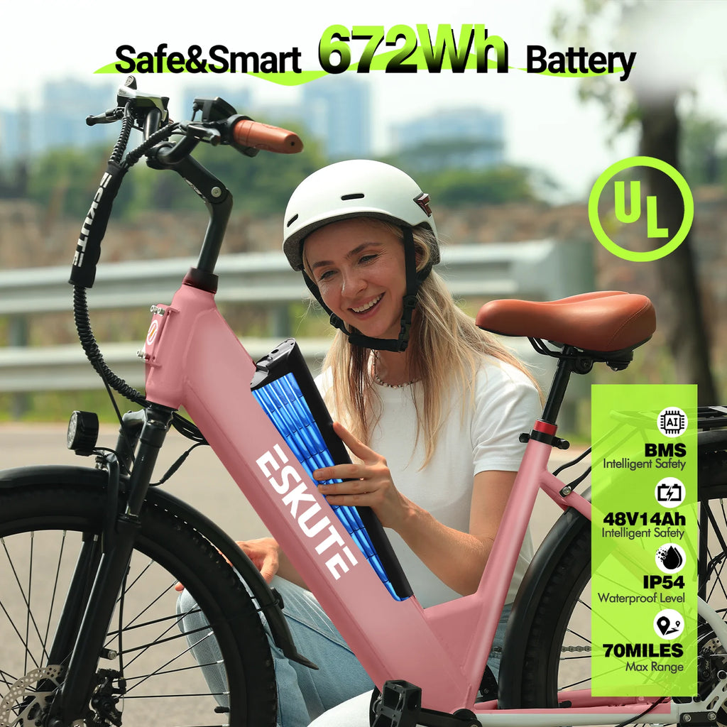 ESKUTE Pkin Electric Bike for Adults - Peak 1500W Brushless Motor, 19MPH, 500W Motor 48V14Ah Removable Battery, 26" Step-Thru Cityrun Ebike, 7-Speed, Up 70 Miles, Commuter E-Bike, with NFC Unlock