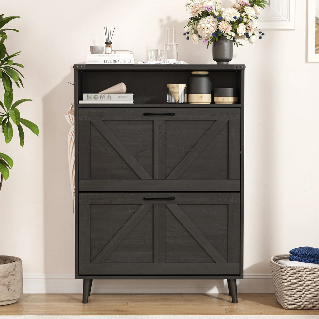 Veanerwood Shoe Cabinet with 2 Flip Drawers Farmhouse Shoe Storage Cabinet Organizer for Entryway, Gray