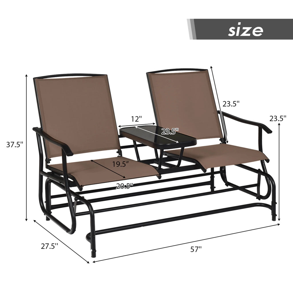 Gymax Patio 2-Person Glider Rocking Char Loveseat Garden w/ Tempered Glass Table Brown