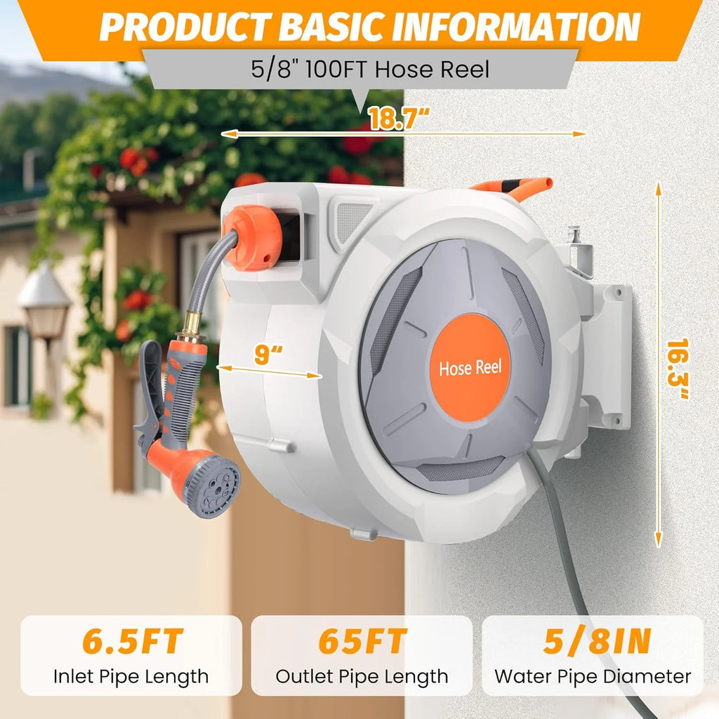 Auto-Retract Wall-Mounted Garden Hose Reel w/9-Pattern Nozzle, 180 Swivel & Any-Length Lock, 600PSI Durable