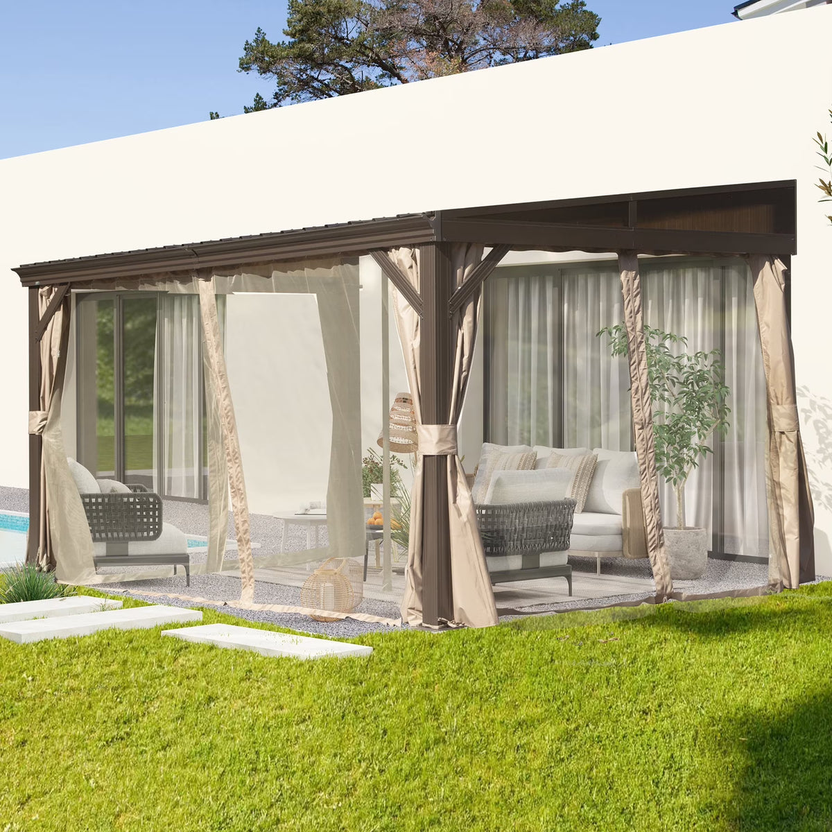 Domi Outdoor Living 10' x 12' Hardtop Lean-to Gazebo, Wall-Mounted with Galvanized Steel Roof Wall Pergola with Aluminum Frame, Curtains and Netting, for Patio, Deck, Garden, Backyard