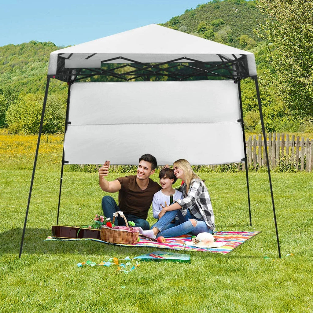 7x7 Ft Pop Up Canopy, Slant Leg Outdoor Tent with Carry Bag & 4 Stakes, Compact Portable Canopy Tent for Hiking Camping Fishing & Picnic, 7x7 Base, 6x6 top