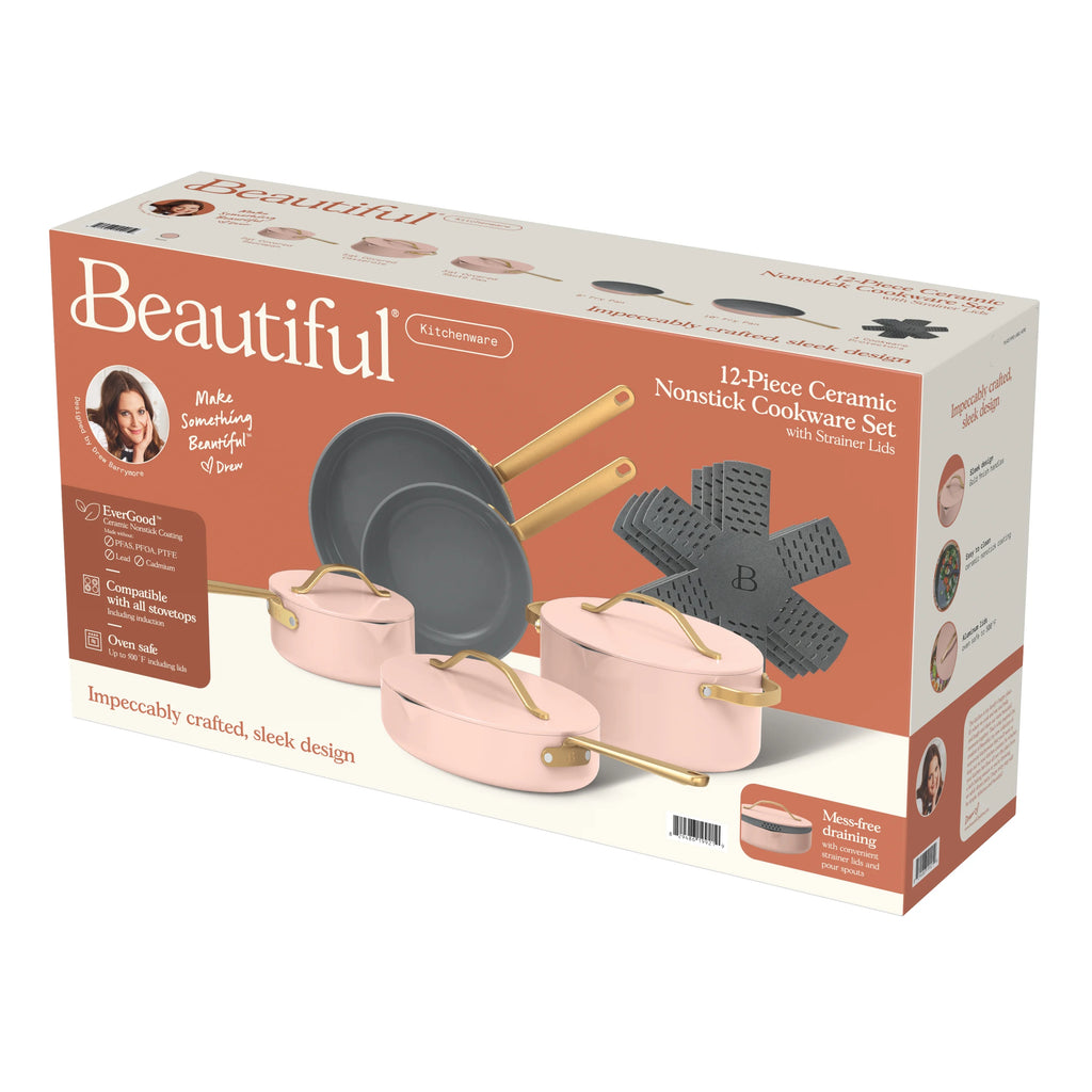 Beautiful 12pc Ceramic Non-Stick Cookware Set with Strainer Lids, White Icing by Drew Barrymore