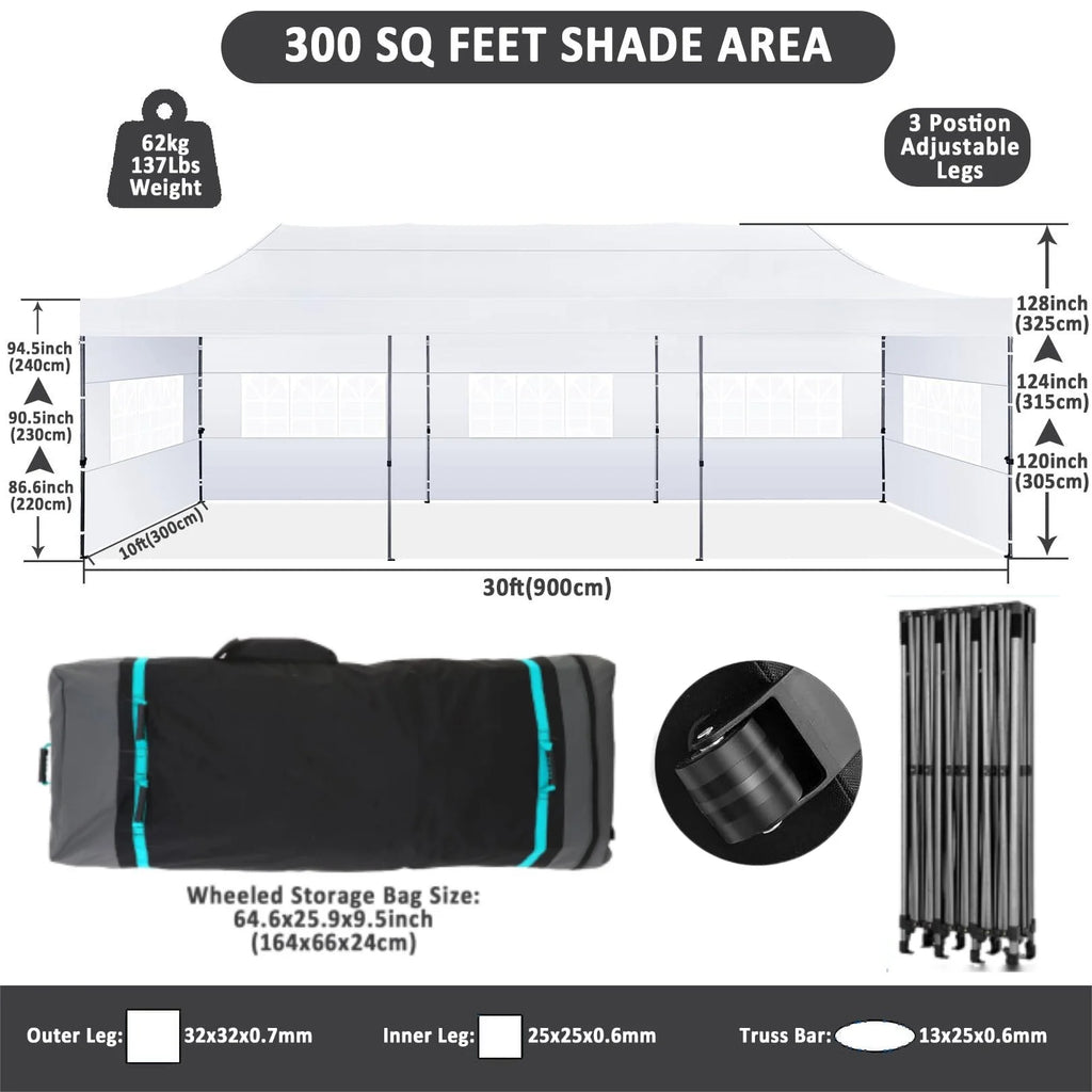 COBIZI 10x20 Heavy Duty Pop up Canopy Tent with 6 sidewalls Easy Up Commercial Outdoor Canopy Wedding Party Tent for Beach All Season Wind & Waterproof Gazebo with Roller Bag,Black(Frame Thickened)