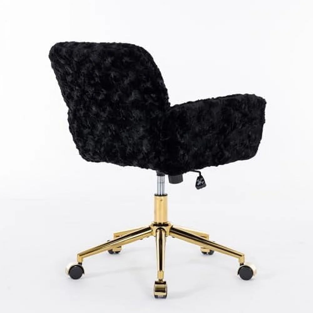 Fluffy Desk Chair,Height Adjustable Vanity Chair with Wheels,Comfortable Faux Fur Desk Chair with goldenn Base, Arm Chair for Bedroom,Living Room,Vanity,Office