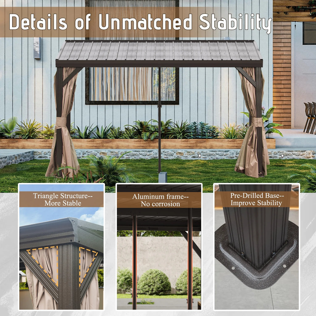 Domi Outdoor Living 10' x 12' Hardtop Lean-to Gazebo, Wall-Mounted with Galvanized Steel Roof Wall Pergola with Aluminum Frame, Curtains and Netting, for Patio, Deck, Garden, Backyard