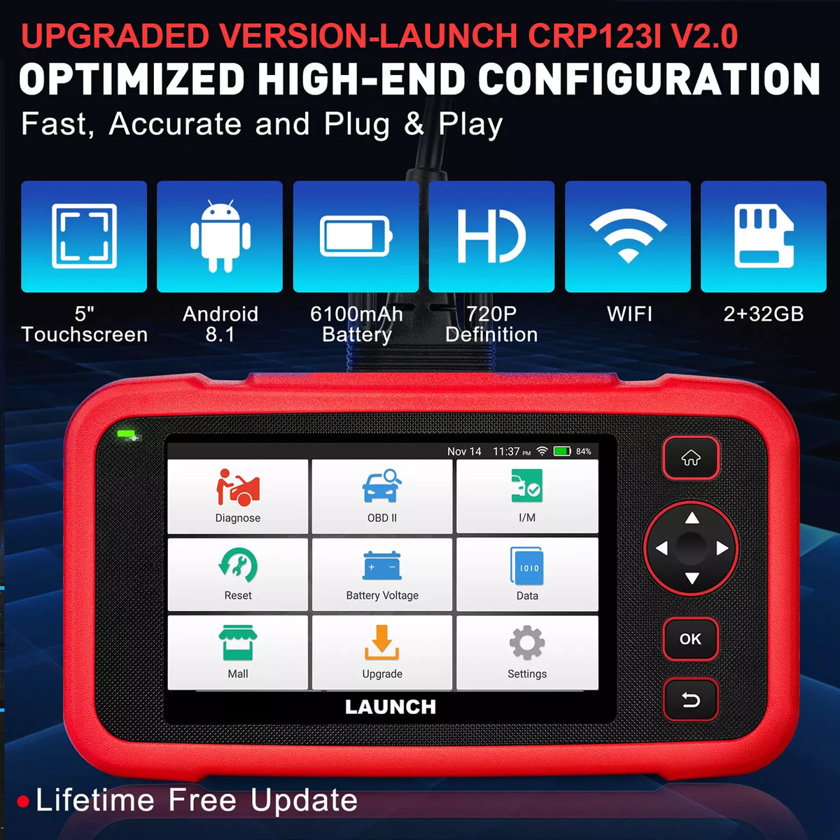 LAUNCH CRP123I V2.0 OBD2 Diagnostic Scan Tool, Engine ABS SRS Transmission Scanner with 7 Reset, Oil/EPB/D-P-F/SAS/BAS/BMS Reset Thro-ttle Relearn, Lifetime Fr-ee Update (Upgraded CRP123)