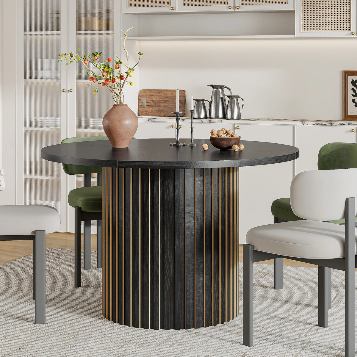 Modern Round Dining Table, 47 Inch Small Circle Kitchen Tables for 4-6, Wood Strip Base, Farmhouse Table for Kitchen, Dinning Room, Walnut