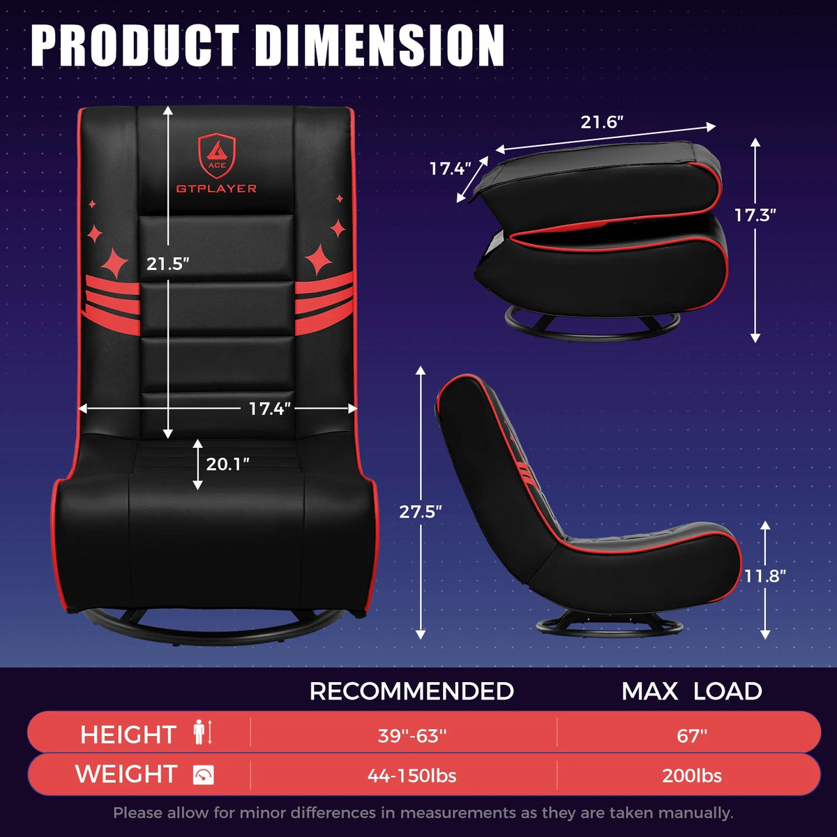 GTPLAYER Swivel Floor Gaming Chairs with Foldable Backrest for Teens,, Red