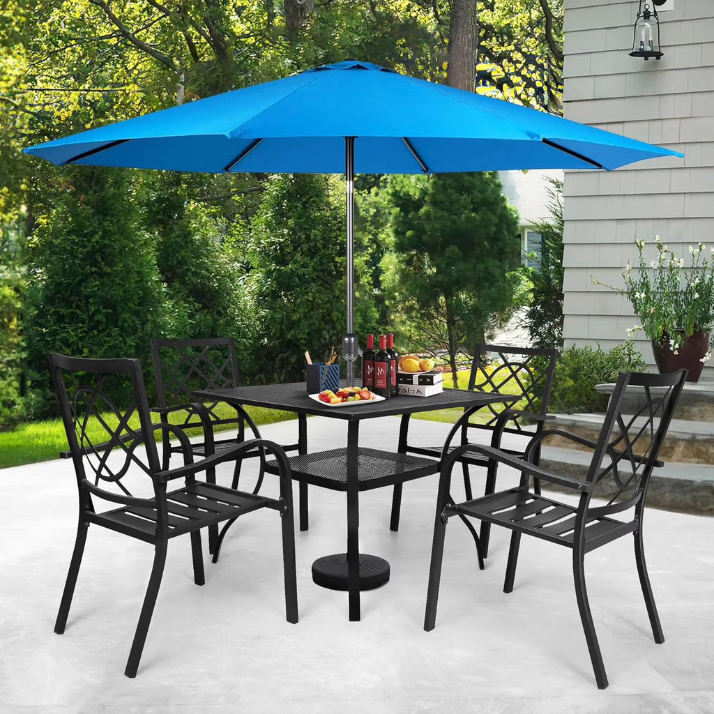 SUNCROWN 5-Piece Outdoor Wrought Iron Chairs and Table Patio Dining Furniture Set - 4 Stackable Metal Chairs, 1 Steel Slat Bistro Table and 1 Sky Blue 9Ft Patio Umbrella for Garden Backyard Deck