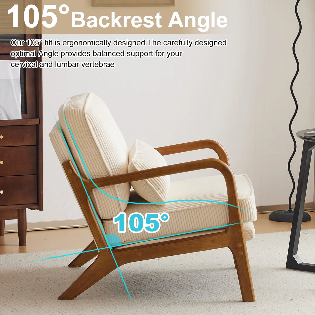 Ktaxon Accent Chair Corduroy Upholstered Armchair, Reading Club Chair with Pillow and Solid Wood Frame for Living Room Bedroom Furniture Off White
