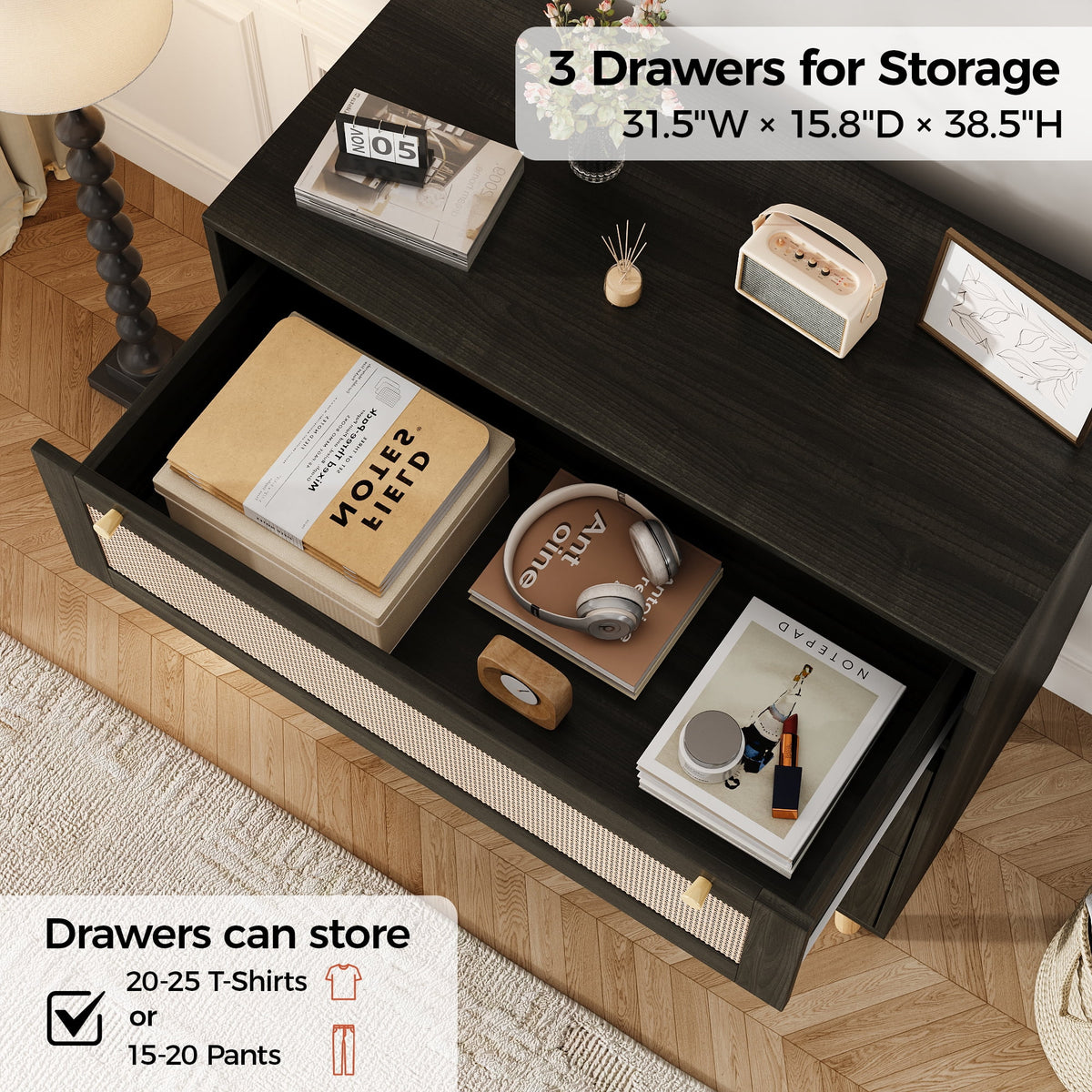 Farmhouse Rattan Dresser with 3 Drawers - Wooden Storage Chest for Bedroom, Living Room & Hallway, Vintage Style Organizer