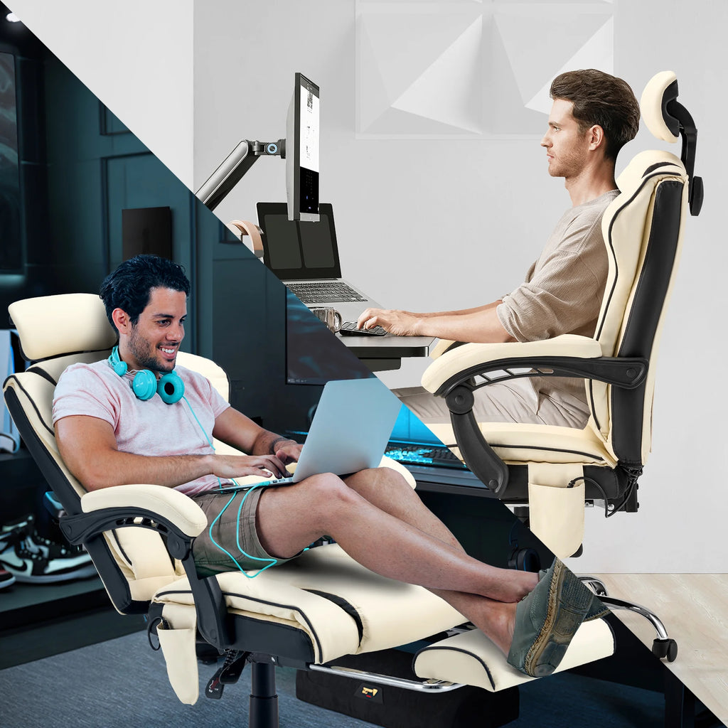 HOMREST 6-Point Massage Office Chair with Footrest, Heated Executive Office Chair with Reclining Backrest, Ergonomic Gaming Chair with Padded Armrest, Off-White
