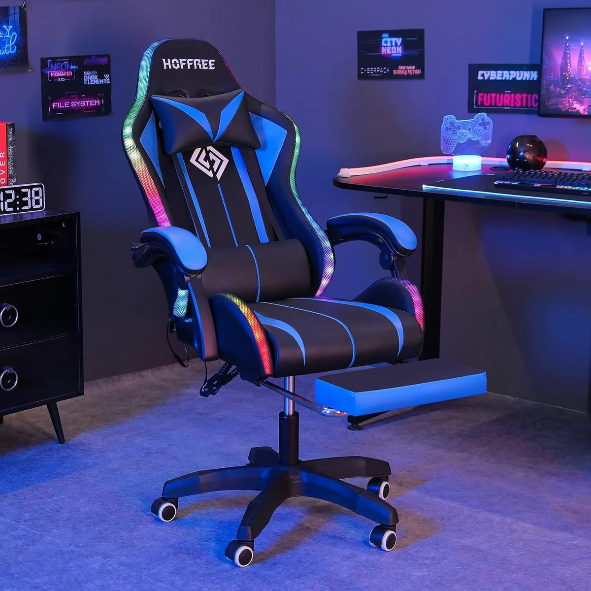 Hoffree Gaming Chair with Bluetooth Speakers and Footrest Massage Office Chair with LED Lights Ergonomic Game Chair High Back with Lumbar Support and Headrest Adjustable Swivel for Adults 300lb